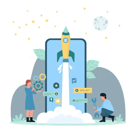 Cartoon Tiny People Launching Rapid Rocket From Screen Of Phone Boost Startup Ideas And Project Release Service Mobile App Launch And Development Of Smartphone Application Vector Dark Concept Illustration