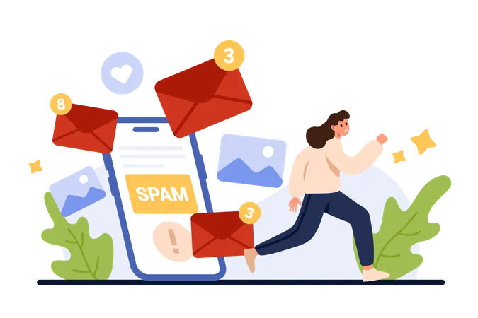 Mobile App Mailbox Full Of Marketing Letters Spam Overload Tiny Woman Running Away In Anxiety And Fear From Emails With Notifications Flying From Screen Of Giant Phone Cartoon Vector Illustration Illustration