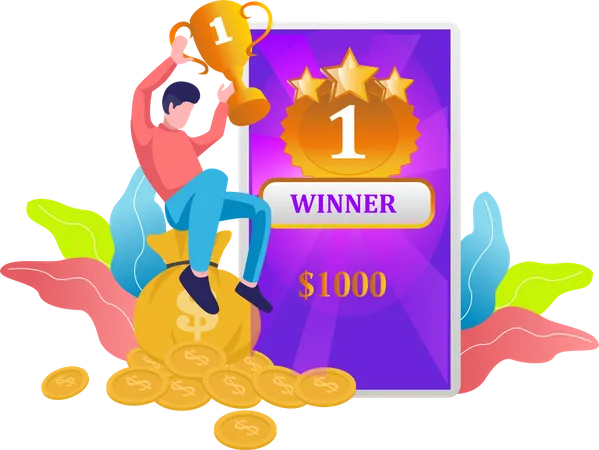 The Winner Is Lifting The Trophy And Earning Money Illustration