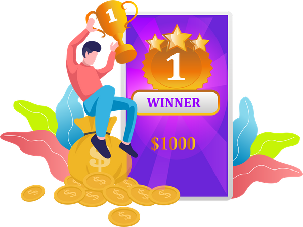 Mobile app winner enjoying trophy  Illustration