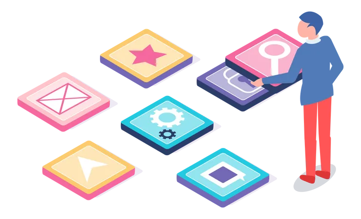 Mobile Application Development Concept Man Designer And Developer Using Buttons With App Signs Programming Of Mobile Applications For Smartphones Interaction With Services On Digital Device Illustration