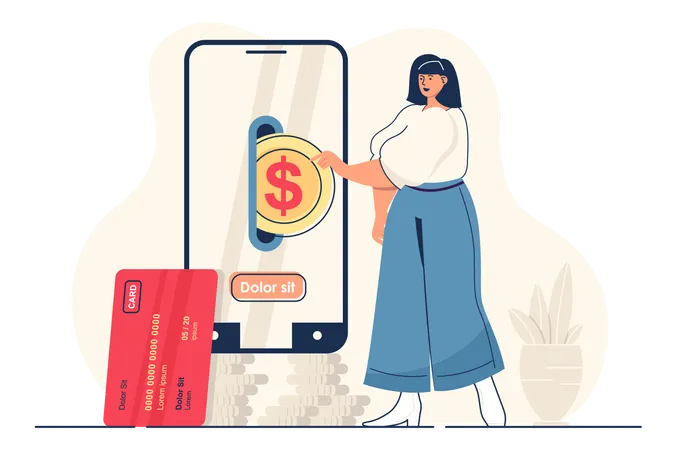 Mobile Banking Concept For Web Banner Woman Pays For Purchases In Mobile Application Accounting And Transaction Modern Person Scene Vector Illustration In Flat Cartoon Design With People Characters Illustration