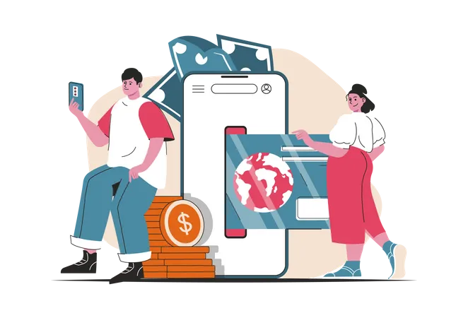 Mobile Banking Concept Isolated Money Transactions And Payments In Mobile App People Scene In Flat Cartoon Design Vector Illustration For Blogging Website Mobile App Promotional Materials Illustration