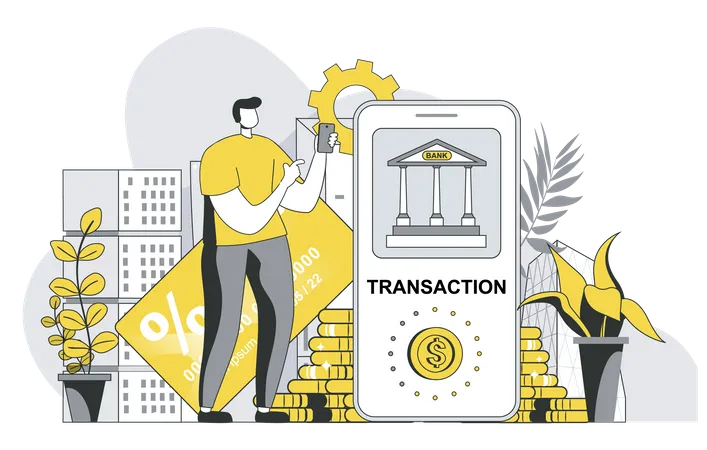 Mobile Banking Concept With Outline People Scene Man Makes Online Payment And Financial Transactions Using Personal Account In Mobile App Vector Illustration In Flat Line Design For Web Template イラスト