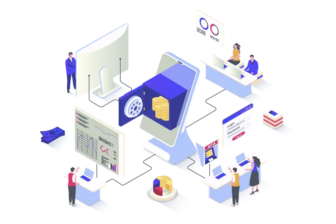 Mobile Banking Concept In 3 D Isometric Design Clients Use Online Services Control Financial Account Increase Savings Make Transfers Vector Illustration With Isometry People Scene For Web Graphic Illustration