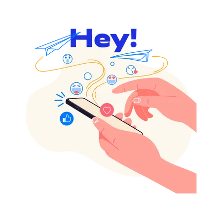 Man Holding Phone And Typing New Message Send Emojis To Friends Vector Illustration Concept Hey My Friend Ideal For Websites And Startups Social Media Addiction Collect Likes And Feedbacks Illustration