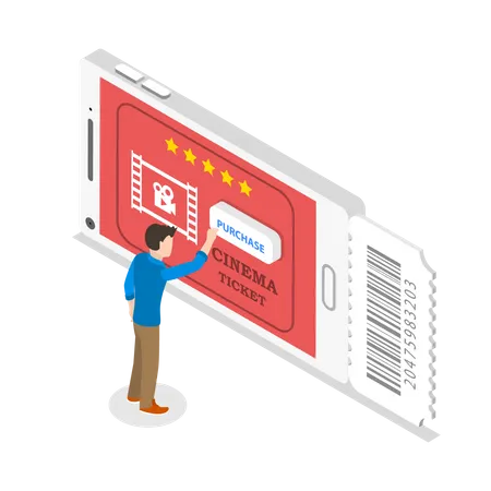 Isometric Flat Vector Concept Of Mobile Cinema Tickets App Movie Coupon Online Booking Illustration