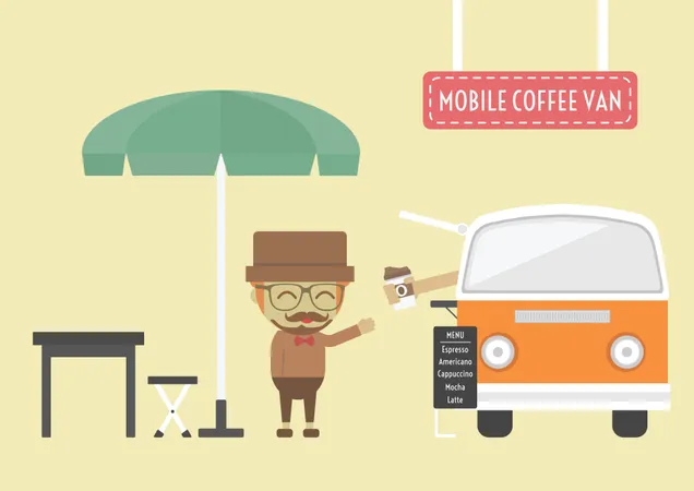 Mobile Coffee Van, Hipster Lifestyle On Street  Illustration