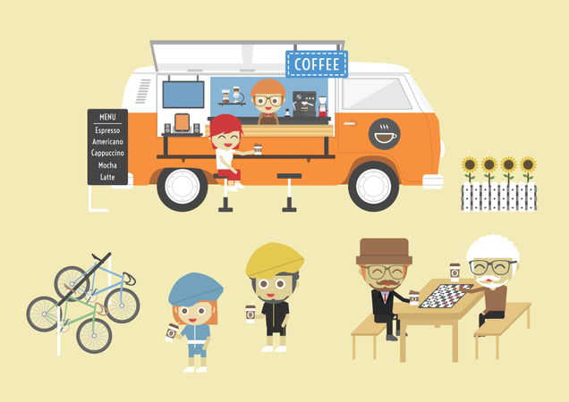 Mobile Coffee Van, Hipster Lifestyle On Street, Paste, Flat Style  Illustration