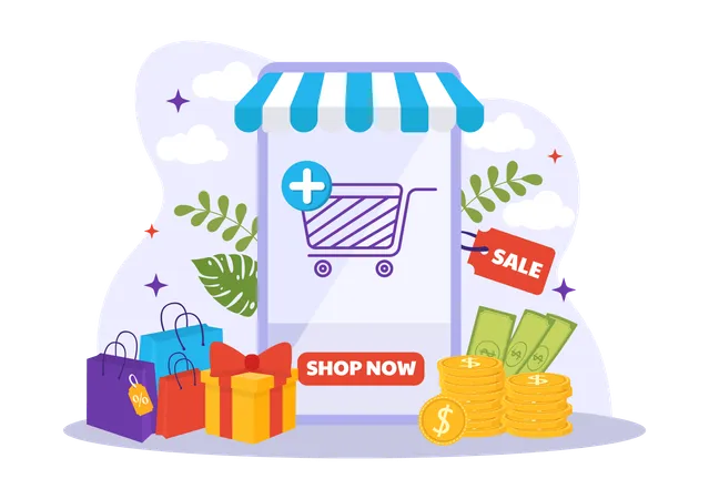Mobile E Commerce Vector Illustration Of Smart Phone For Activities Of Online Shopping And Digital Marketing Promotion With Bag And Gift Box Design Illustration
