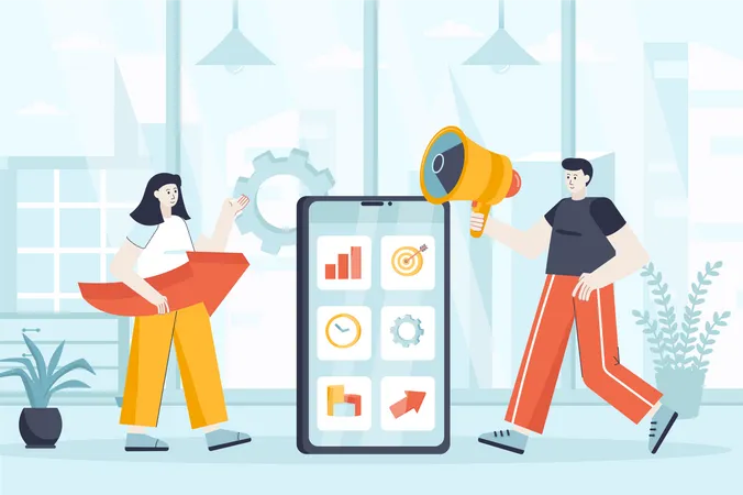 Mobile Marketing Concept In Flat Design Marketers Team Working At Office Scene Man And Woman Promotion Advertising At Smartphone App Vector Illustration Of People Characters For Landing Page Illustration