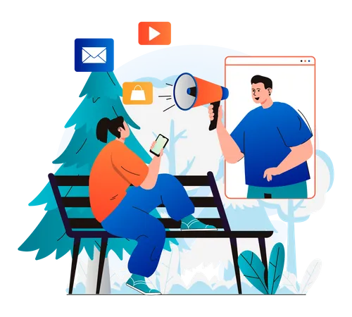 Digital Marketing Concept In Modern Flat Design Man With Megaphone Attracts Customers Woman Sees Advertisement In Mobile Application Online Promotion And Advertising Campaign Vector Illustration Illustration