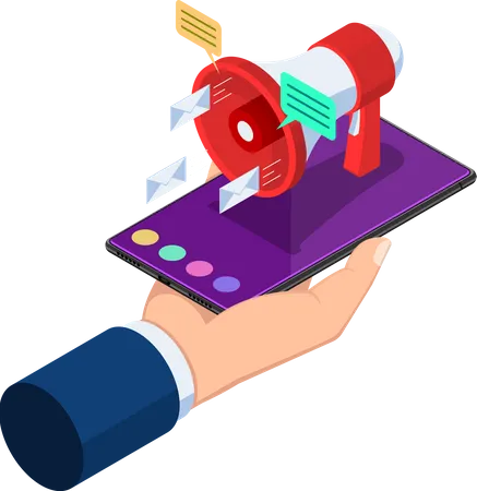 Flat 3 D Isometric Businessman Holding Smartphone With Announcing Megaphone On His Hand Mobile Marketing And Digital Advertising Concept Illustration