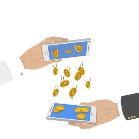 Mobile Money Transfer Vector Concept Two Hands Take Mobile Devices And Exchange Coins Illustration