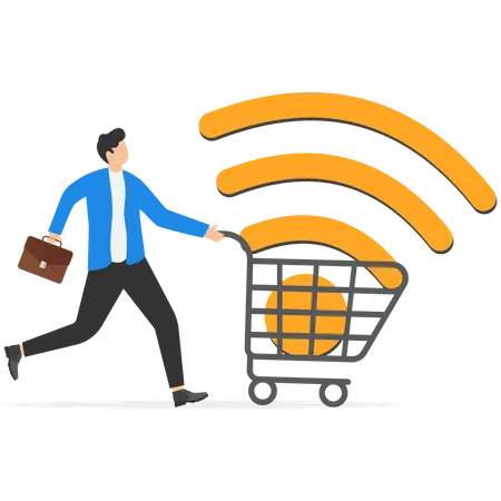 Mobile Online Shopping App Or Website E Commerce Website Easy To Buy And Purchase Products Concept Happy Young Man Using Mobile E Commerce App With Big Wifi Sign In Shopping Cart Trolley Illustration