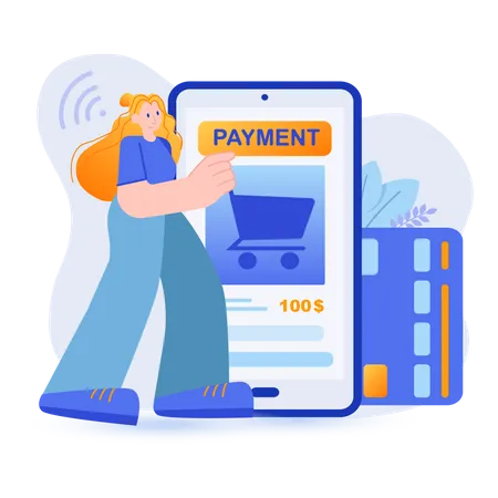 Mobile Payment Concept Woman Makes Purchases And Pays In Mobile Application For Smartphone Scene Online Banking Financial Transactions Vector Illustration With People Character In Flat Design Illustration