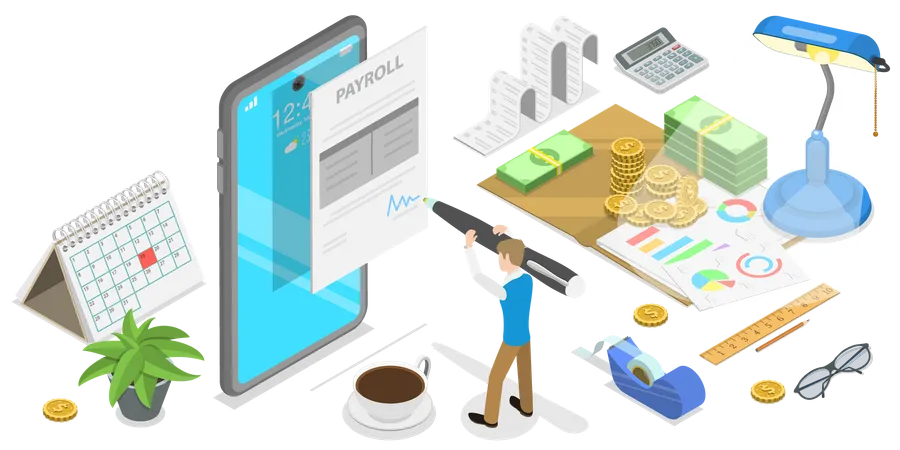3 D Isometric Flat Vector Concept Of Mobile Payroll App Salary Payment Financial Calendar Expenses Calculator Illustration