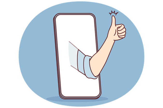 Mobile phone and hand with thumb up symbolizing approval of good app  Illustration