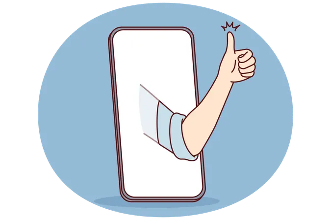 Mobile phone and hand with thumb up symbolizing approval of good app  Illustration