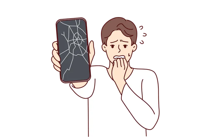 Man Reacts Emotionally To Broken Phone By Bringing Hand To Mouth And Experiencing Shock Due To Breakdown Guy With Broken Smartphone Needs To Replace Display Matrix By Service Center Employees Illustration