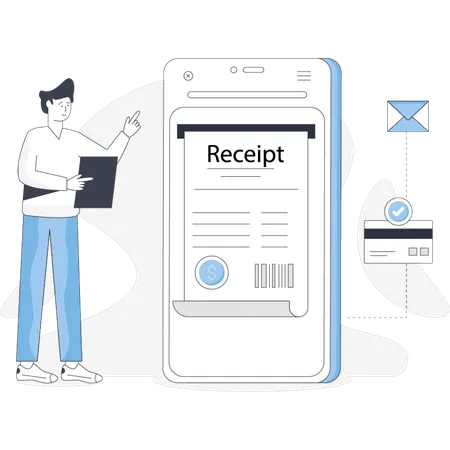 Mobile phone displaying various receipts in a digital format on its screen  Illustration