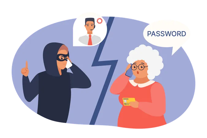 Mobile Phone Fraud With Elderly Woman As Victim Of Scam Vector Illustration Cartoon Scammer Talking To Senior Person To Deceive Steal Credit Card Or Bank Account Password Old People Trust Thief Illustration