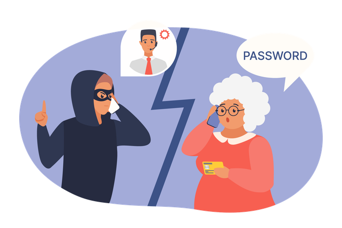 Mobile phone fraud with elderly woman as victim of scam  일러스트레이션