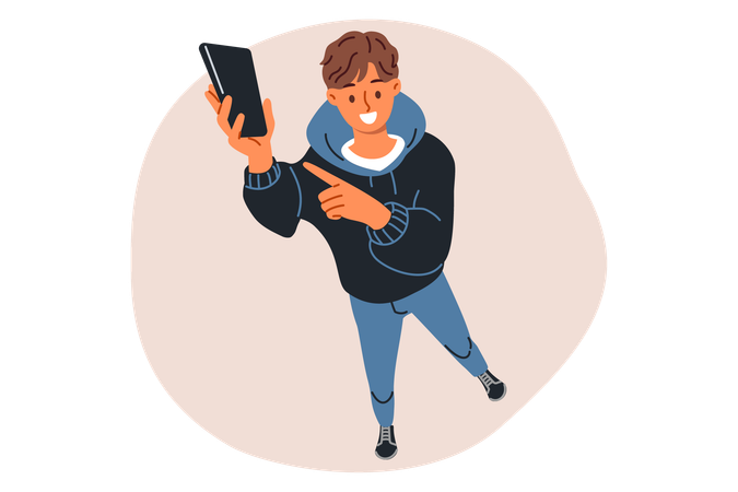 Mobile phone in hands teenage guy holding gadget up and calling him to write SMS  Illustration
