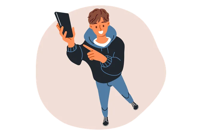 Mobile Phone In Hands Teenage Guy Holding Gadget Up And Calling Him To Write SMS Or Add As Friend On Social Networks Fashionable Teen Boy Showing Off Buying New Cool Phone With Cool Features Illustration