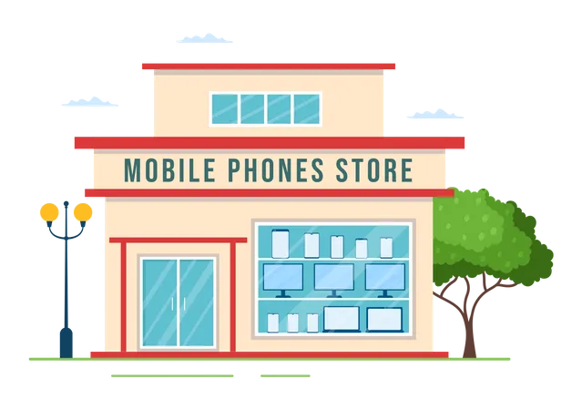 Mobile Phone Store Template Hand Drawn Cartoon Flat Illustration With Phones Models Tablets Gadget Retail Other Devices And Accessories Illustration