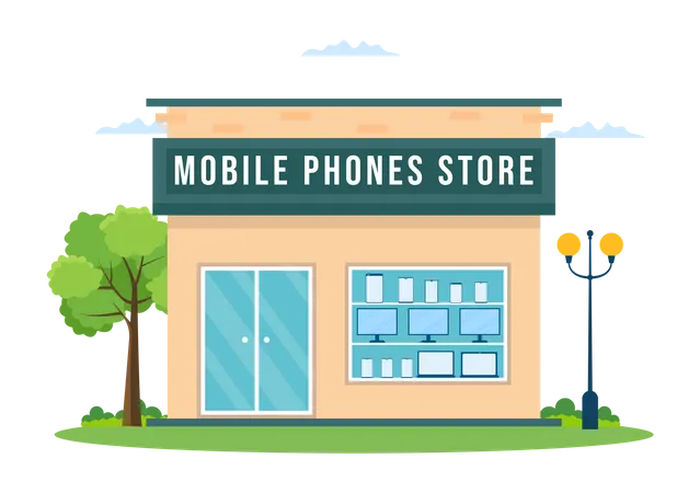 Mobile Phone Store Template Hand Drawn Cartoon Flat Illustration With Phones Models Tablets Gadget Retail Other Devices And Accessories Illustration