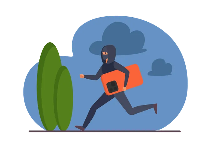 Mobile Phone Theft Vector Illustration Cartoon Male Criminal Burglar Character In Disguise Mask On Face Running Holding Giant Smartphone To Steal Crime Stealing Private Information From Device Illustration