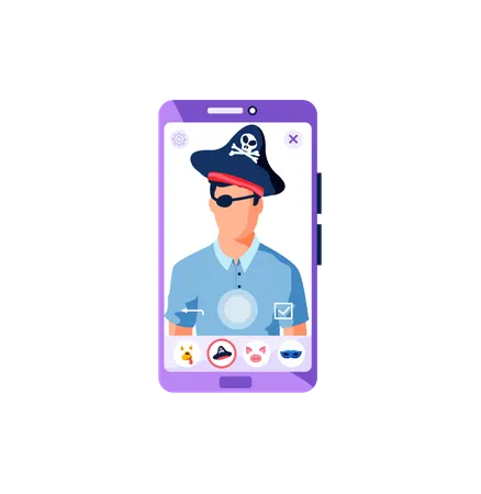 Mobile phone with filters for selfie screen interface application with funny man with pirate mask  Illustration