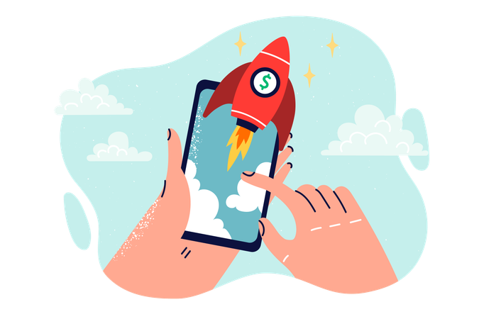 Mobile phone with flying rocket in hands of person  Illustration