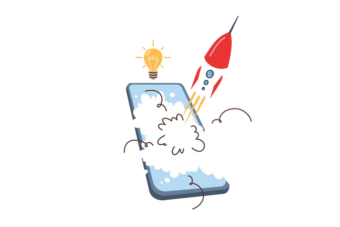 Mobile phone with rocket launch metaphor for new startup with application for smartphone users  Illustration