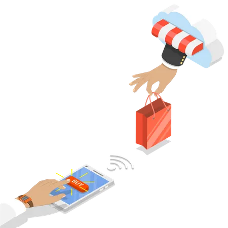 Mobile Shopping Flat Vector Concept Hand Of Delivery Man With Shopping Bag From Cloud And Customers One Pushing Button BUY On The Smartphone Illustration