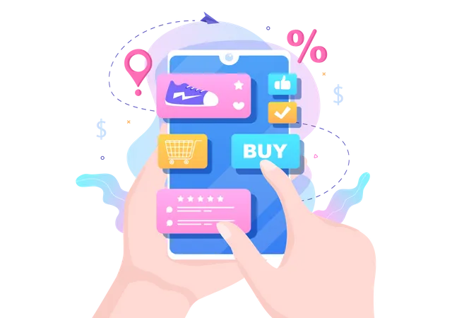 Mobile Store Or Shopping Online In Application Vector Illustration Digital Marketing Promotion Payment And Purchase Via Credit Card For Poster Illustration