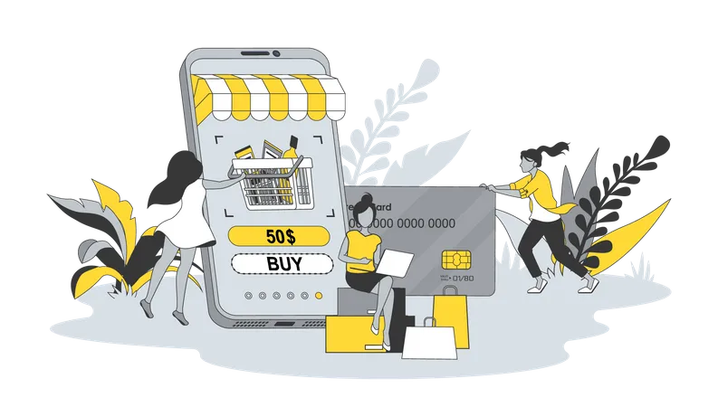 E Commerce Concept In Flat Design With People Women Make Purchases Using Store Website And Paying With Credit Card Choose And Receive Goods Vector Illustration With Character Scene For Web Banner Illustration