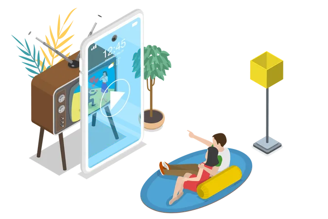 3 D Isometric Flat Vector Concept Of Mobile Smart TV Streaming Home Entertainment Movie Online Illustration