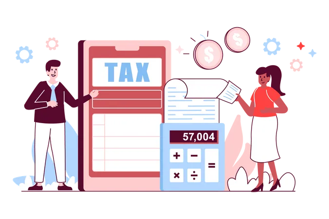 Mobile Tax Filing Concept In Flat Line Design Man And Woman File Tax Return Declare Income And Maintain Financial Statements Using Mobile App Vector Illustration With Outline People Scene For Web Illustration