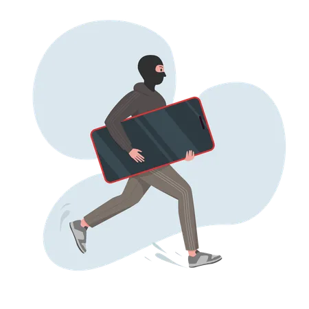 Mobile Phone Theft Vector Illustration Cartoon Isolated Male Thief Character In Hoodie And Balaclava Hat Stealing Big Cellphone Burglar Running With Smartphone To Steal Money Personal Information Illustration