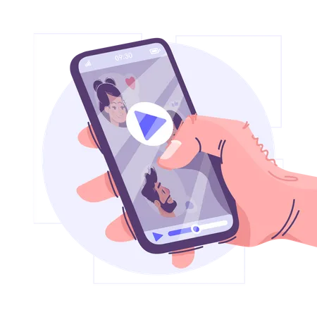 Mobile Video Watching Flat Vector Illustration Modern Entertainment Multimedia Cartoon Concept Media Player Application Interface Idea Hand Holding Smartphone With Play Button On Display Illustration