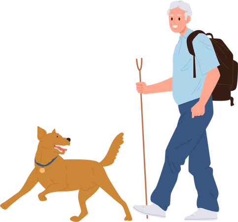 Feliz viejo mochilero paseando a un perro disfrutando de una actividad de senderismo al aire libre  Ilustración