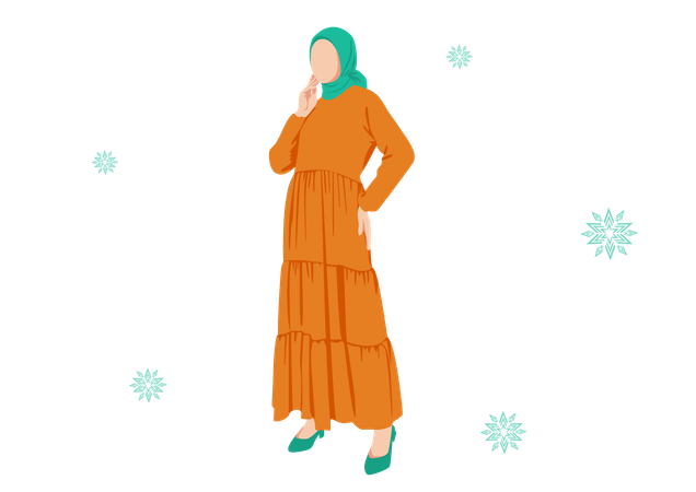 Mujer abaya moda combinación verde y naranja  Ilustración