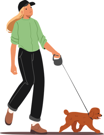 Moda jovem mulher caminhando com cachorro na coleira  Ilustração