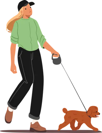 Moda jovem mulher caminhando com cachorro na coleira  Ilustração