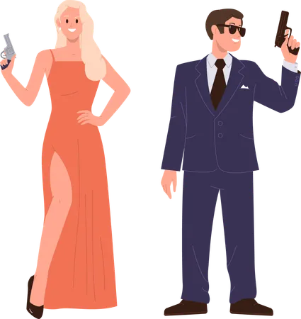 Couple de mode élégant composé d'un super agent infiltré fournissant une enquête  Illustration