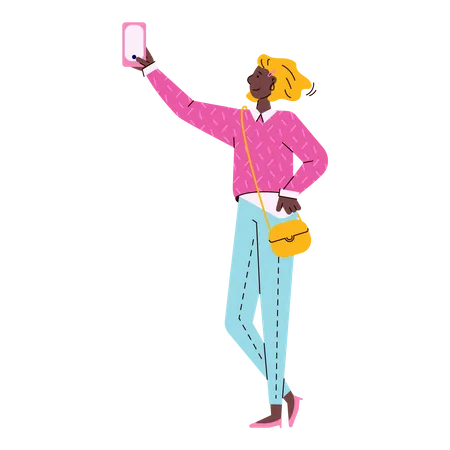 Personnage de fille de mode ou de jeune femme faisant une photo de selfie à l'aide d'un téléphone portable  Illustration