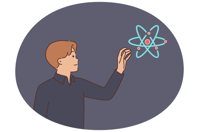 Model of atom near man stretching hand to scientific physics element  Illustration