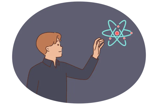 Model of atom near man stretching hand to scientific physics element  Illustration